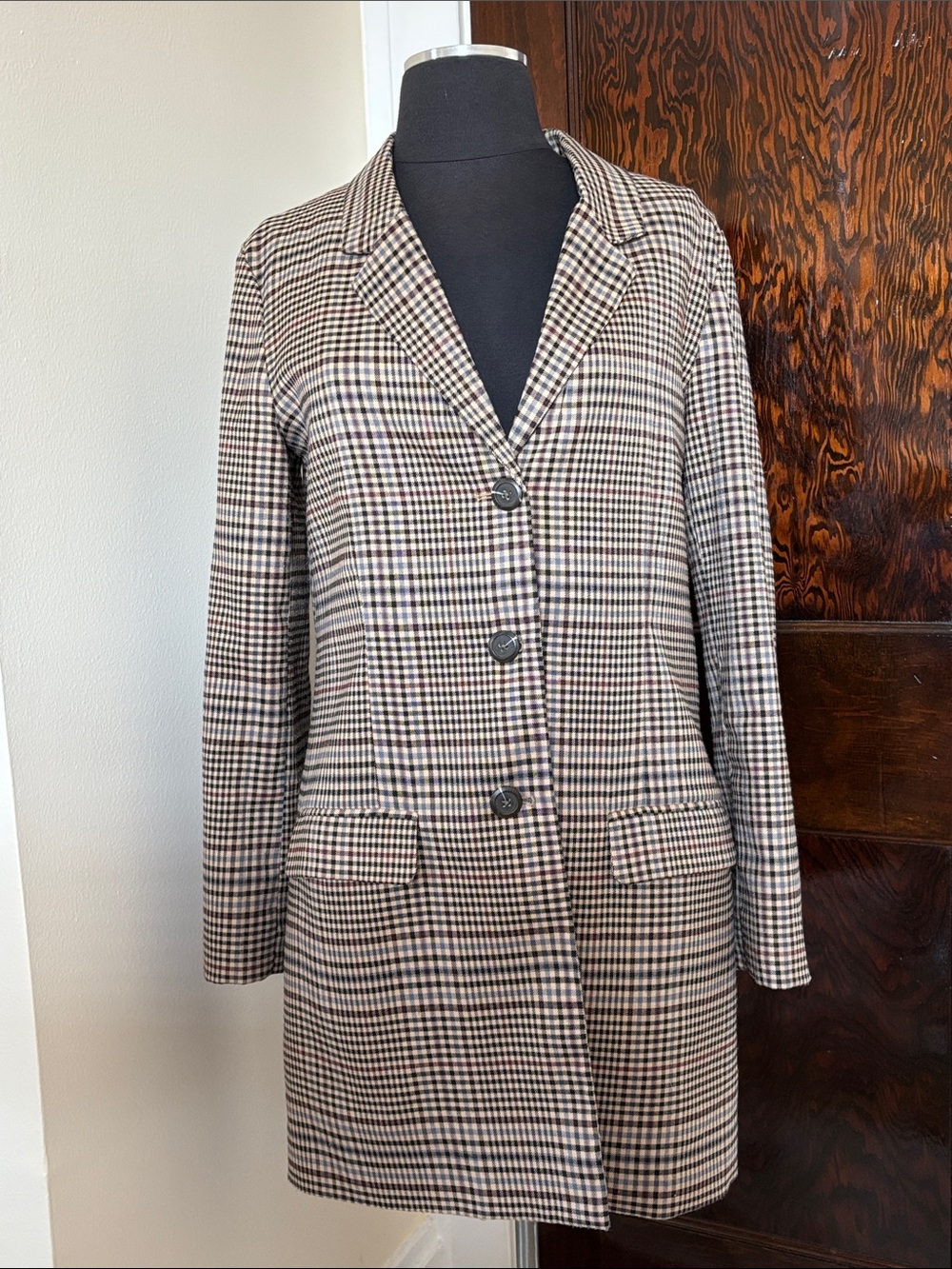 BB Dakota Women's Long Line Blazer Jacket Brown Plaid Career Office Business